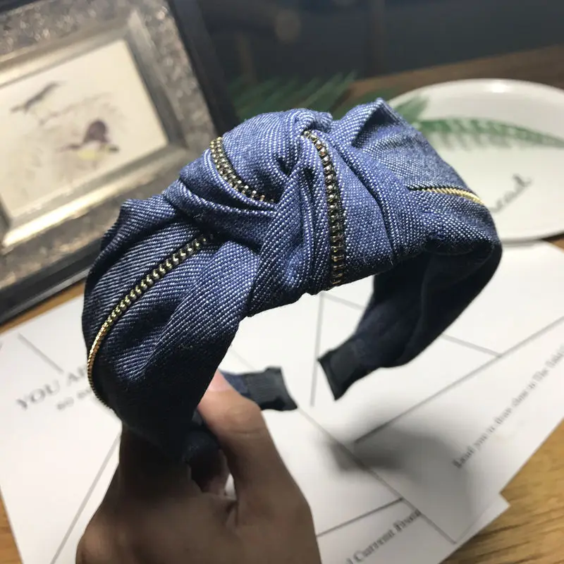 

Fashion Blue Denim Hairband For Women Winter Hair Accessories Headband Metal Zipper Decoration Hair Band Turban For Adult