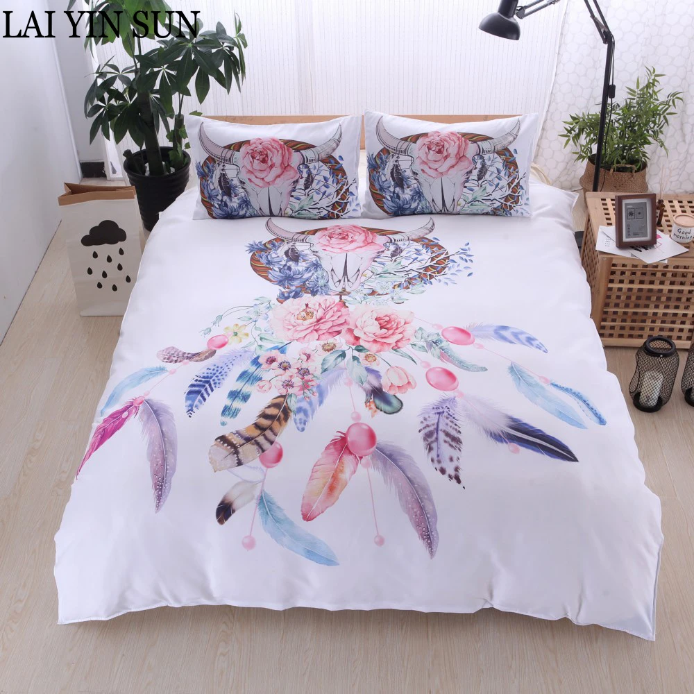 Lai Yin Sun Hipster Watercolor Bedding Set Queen Size Dreamcatcher Feathers Duvet Cover Bohemian Printed Bed Cover 3Pcs Hot Sale