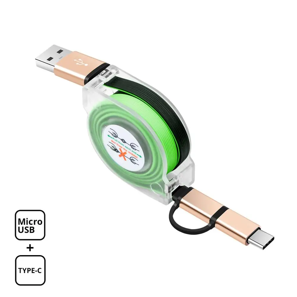 FONKEN 2 в 1 USB кабель Micro usb type C телефонный кабель Выдвижной Мини type-C провод для быстрой зарядки передачи данных Мобильные кабели - Цвет: Зеленый