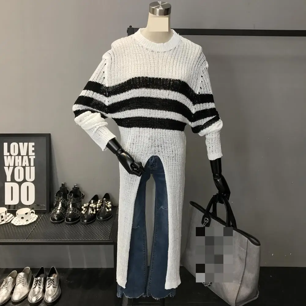 

GETSRING 2017 Summer Split Hollow Stripe Long Sleeve Head Neck Sleeve Long Sweater