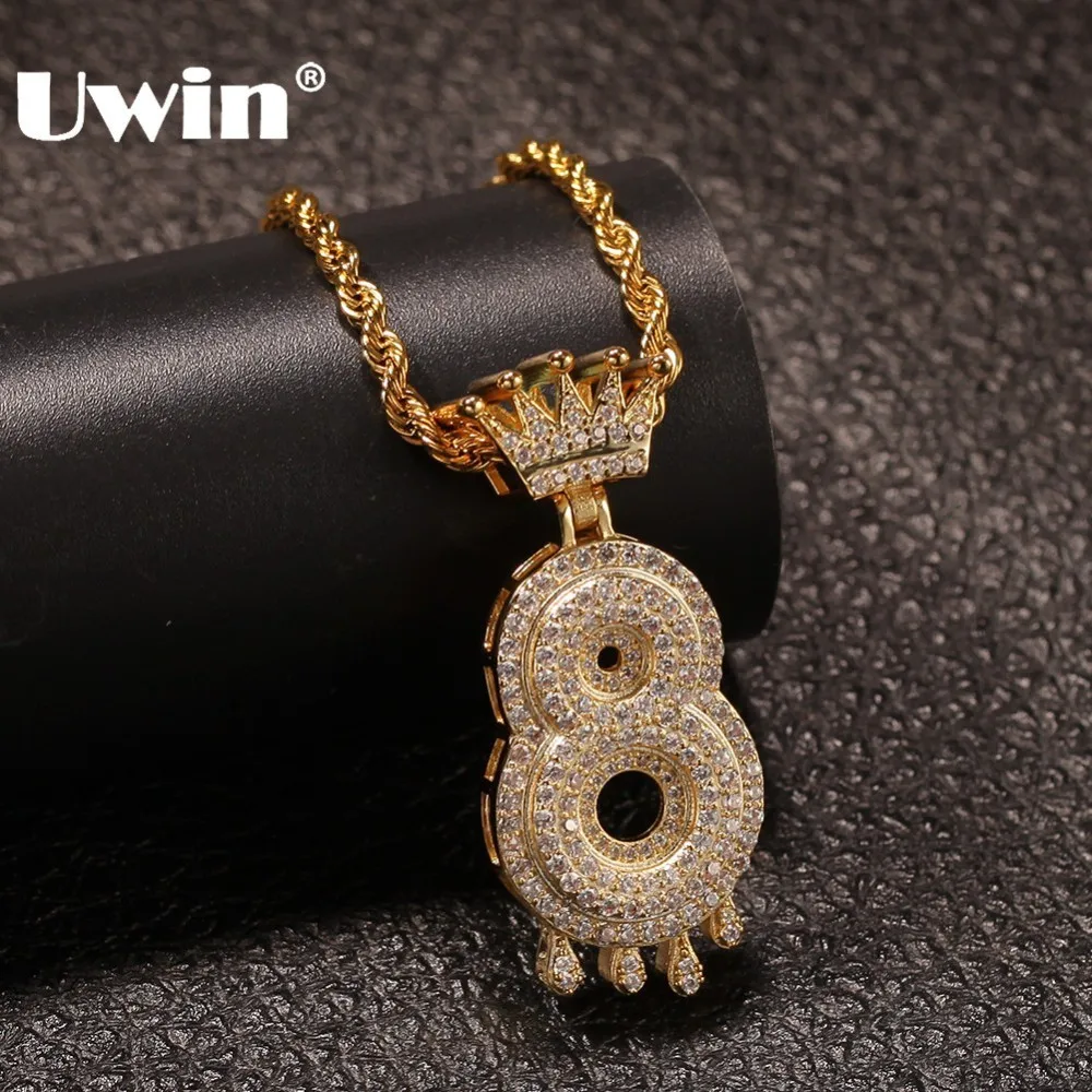 

UWIN Hiphop Crown Dripping Number Necklace Pave Iced Out Cubic Zirconia Gold Color Chain Bubble Digit Pendant Jewelry Gifts