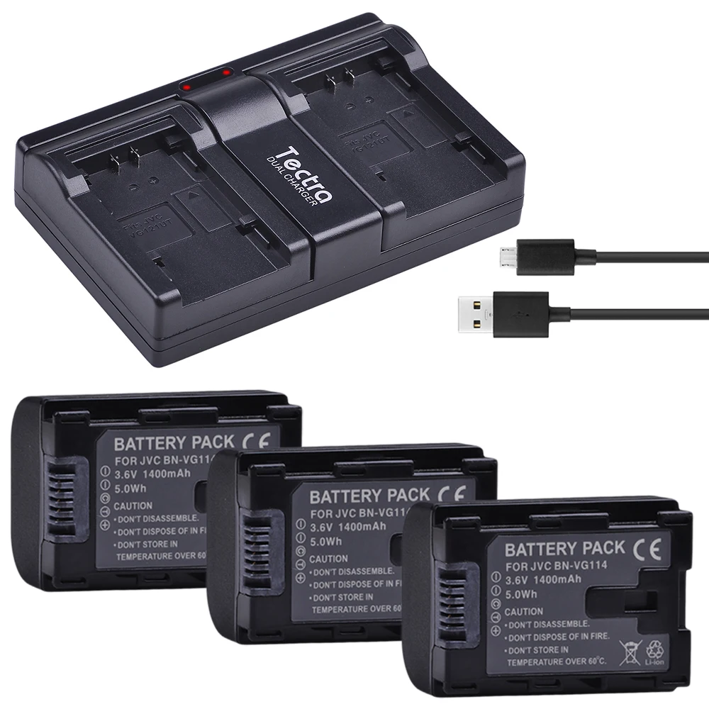 3PC BN VG114 BN VG114 Camera Battery + Dual USB Charger for JVC GZ E10