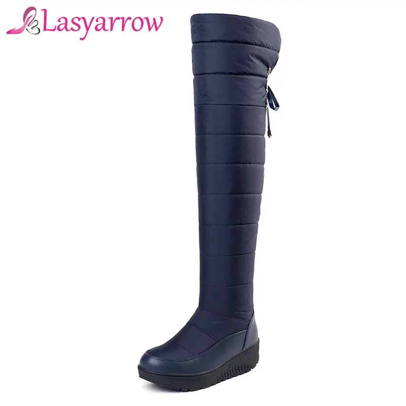 Lasyarrow Down Warm Snow Boots Women Round toe Platform Thigh High Fashion Lace Up Over the Knee Wedges Botas Mujer | Обувь