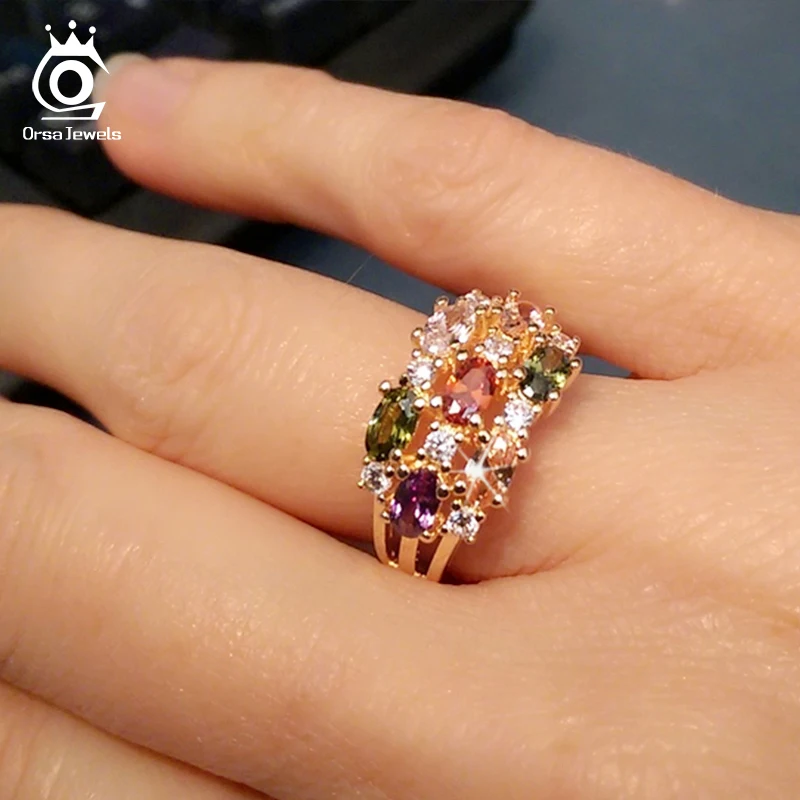 ORSA JEWELS Luxury Rose Gold Color Zircon Rings Paved Colorful AAA Austrian CZ Wedding Engagement Rings Jewelry for Women OMR01