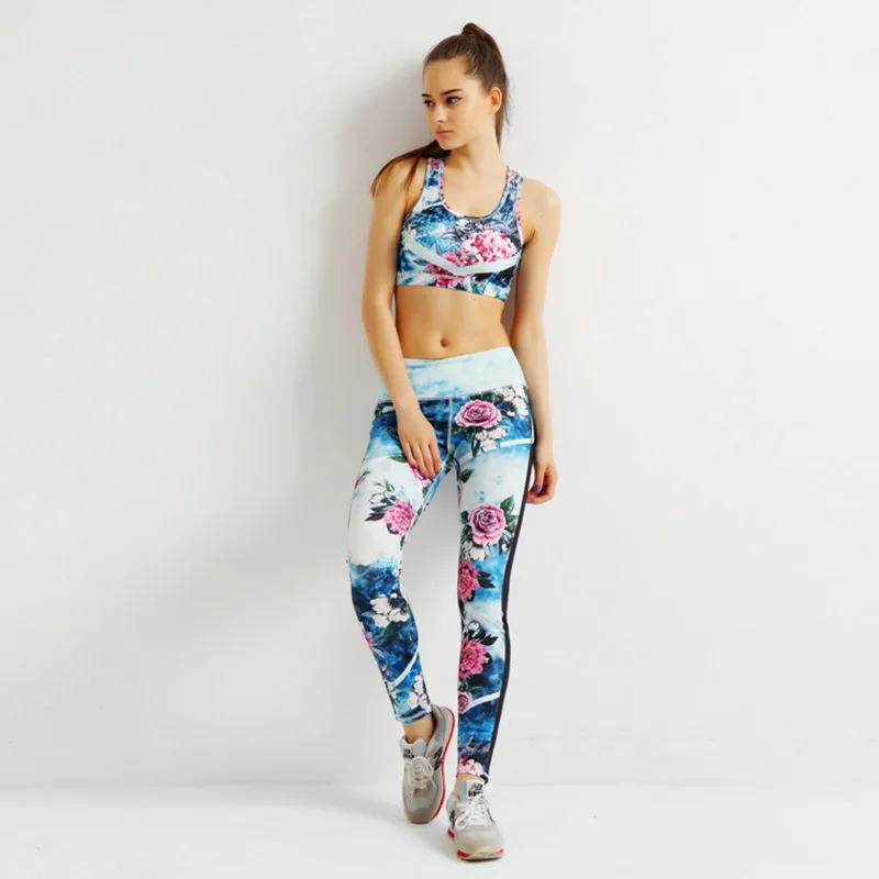 Women Yoga Set Gym Clothes Blue Print Sport Bras & Pants Set Running