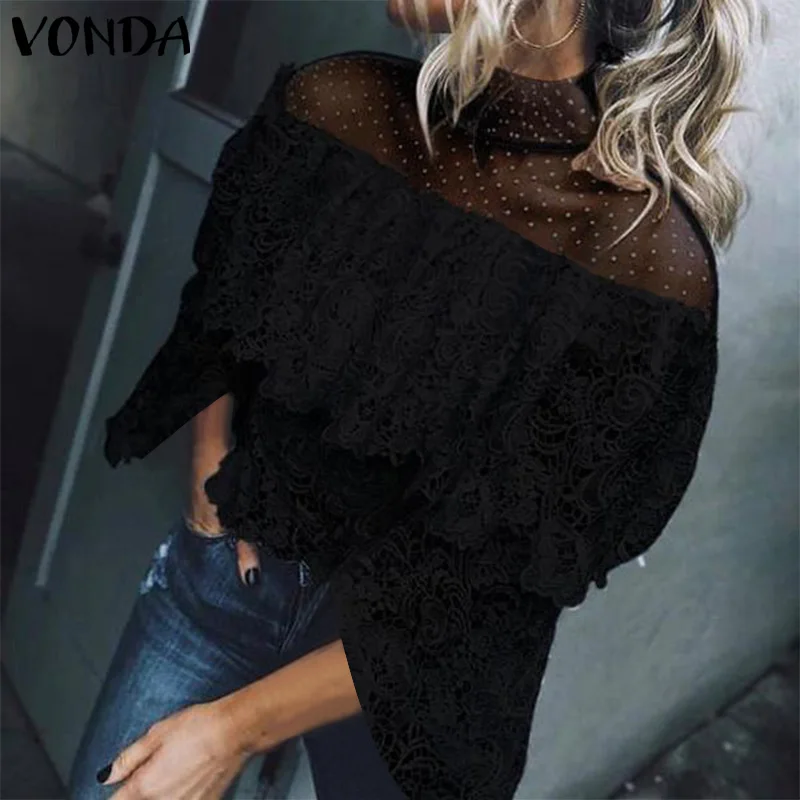 

VONDA Tops for Women Lace Blouse Hollow Tunic 2019 Summer Off Shoulder Shirt Female Crochet Shirt Casual Loose Blusas Plus Size