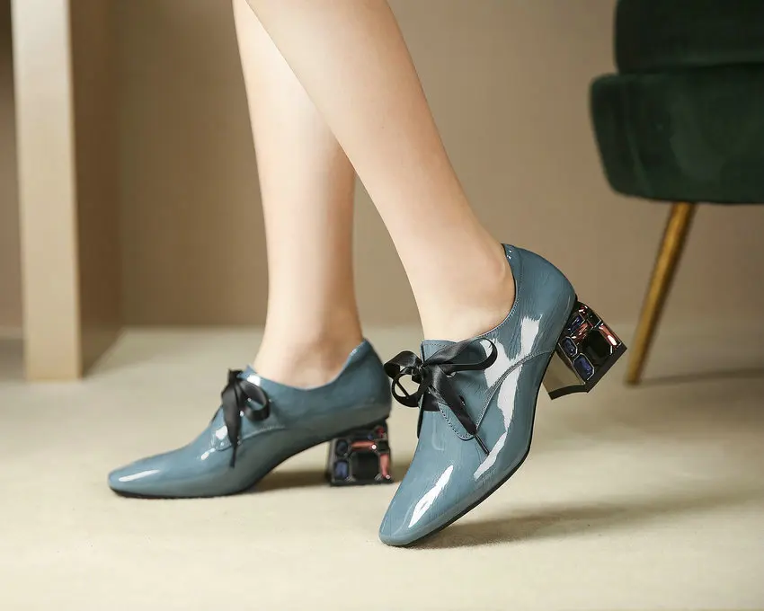 QUTAA/ для отдыха квадратный носок дышащие тонкие туфли на шнуровке из коровьей кожи Стразы квадратный женские туфли-лодочки на высоком каблуке размеры 34–42
