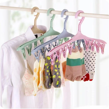 

4 pcs Colorful Plastic Clothes Hanger with 8 Clips for Socks Underwear and Towel, Multi Purpose Hanger for Outside
