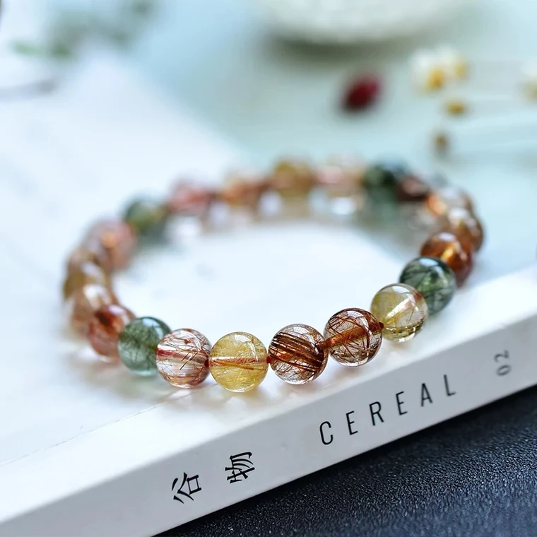 

Genuine Natural Copper Colorful Rutilated Quartz Crystal Bracelet Woman Man Round Beads 7mm 8mm 9mm 10mm 11mm 12mm AAAAA