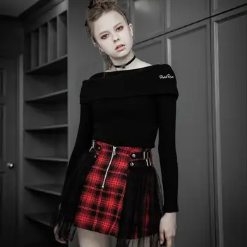

PUNK RAVE Women's Gothic High-waisted A-line Skirts with Mesh Ruffles Punk Streetwear Girls Summer Plaid Skirt