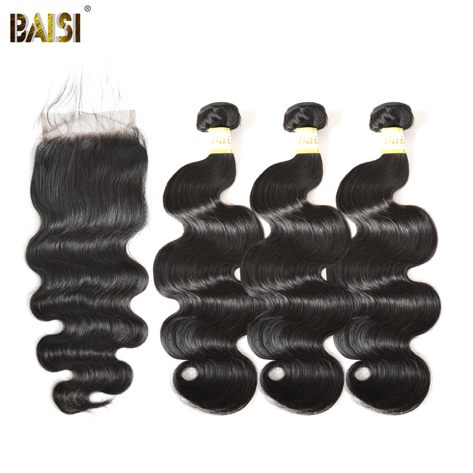 BAISI 100% Unprocessed Peruvian Virgin Hair Body Wave Bundles 3 Bundles with Lace Closure Nature Color body-wave
