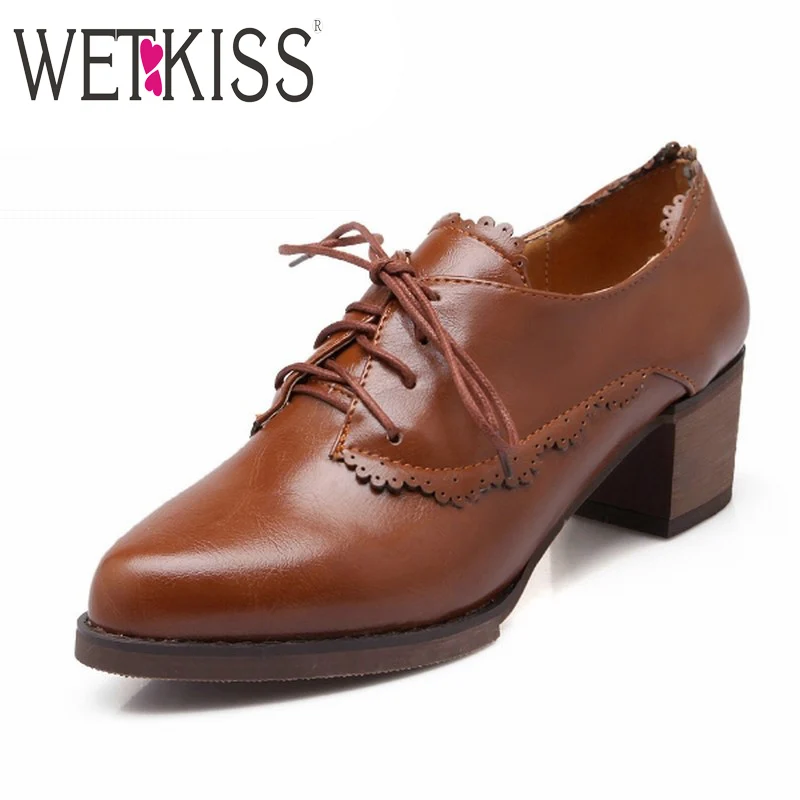 

2016 Lace up Pumps Pointed toe Shoes Cutout Women Square Med Heels Platform Shoes Plus Size 32-43 Solid Shoes Woman Women Shoes