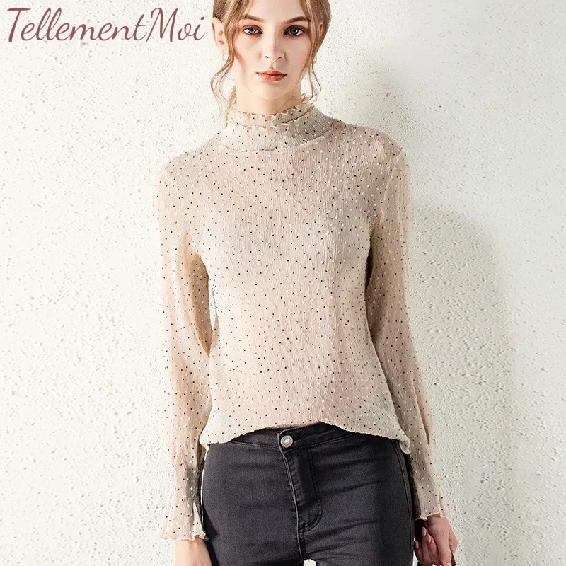 

Spring Summer Sexy Sheer Shirt Women Turtleneck Tops Chiffon Ruffled Long Sleeve Slim Ladies Streetwear Tees Sweet Blouse Shirts