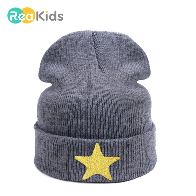 

REAKIDS Baby Skullies Beanies Knitted Hat For Children Winter Warm Wool Beanies Hat Baby Fashion Star Knitted Kids Hat Unisex