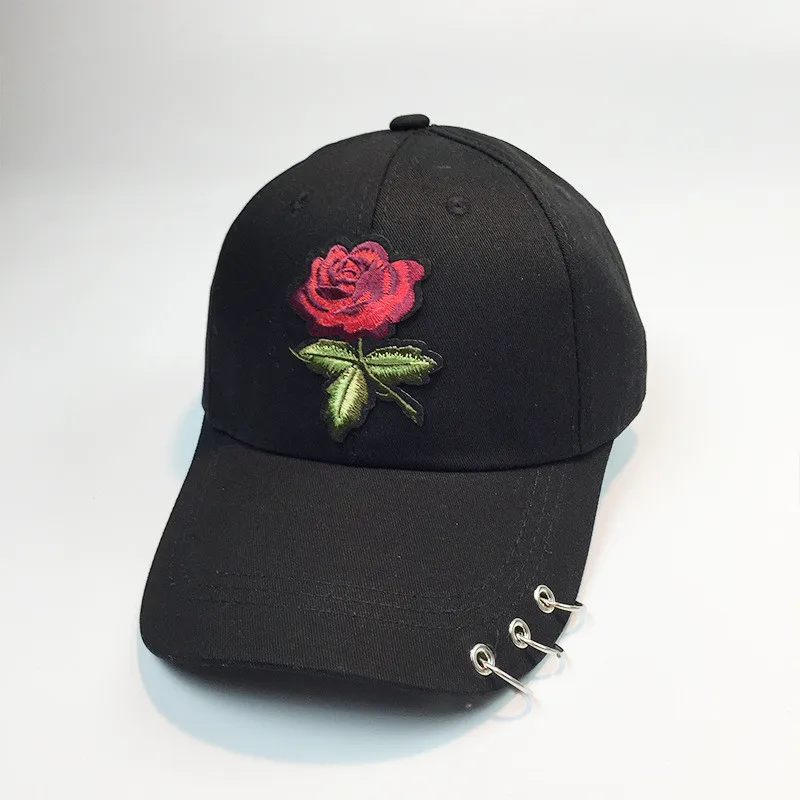 Fashion Rose Baseball Cap Iron Ring Snapback Caps For Women chapeau femme Hip Hop Cap Lady Vogue Sun Hats Adjustable 3Colors