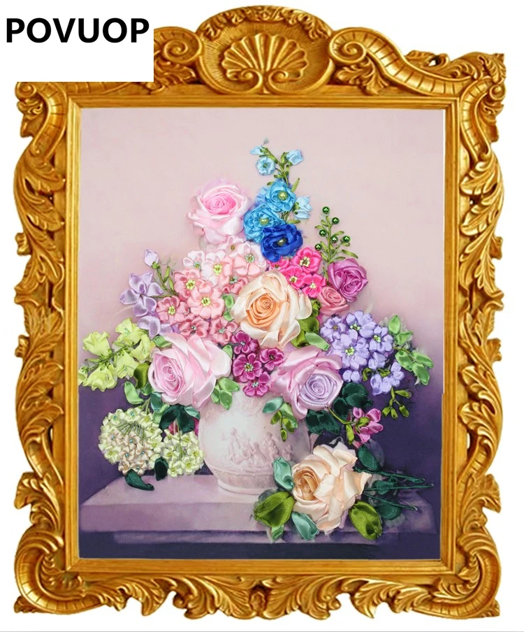 

POVUOP New arrival ribbon embroidery 60X 50cm fashion flower rhyme pursing 3d print cross stitch paintings