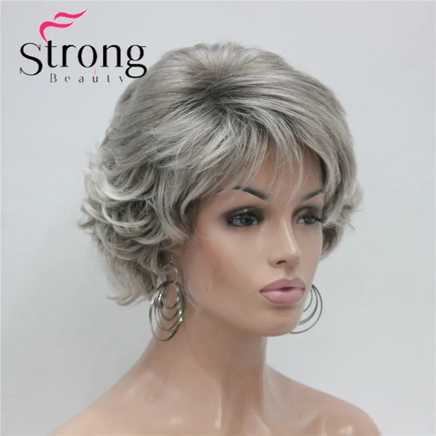 E-7125 #48T New Short Wig Wavy Curly Grey Mix Brown Women`s Synthetic Hair Full Wig Thick (6)