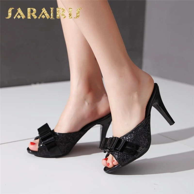 

SARAIRIS 2018 Large Size 32-43 Sweet Bow Summer Party Woman Shoes Women Sexy Bling Upper Mules Pumps Shoes Footwear