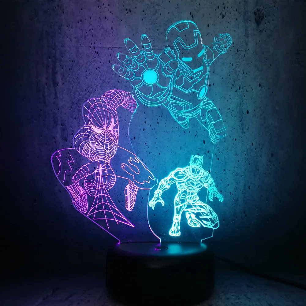 Железный человек Человек паук Черная пантера Marvel Hero RGB Ночной светильник 3D LED микс