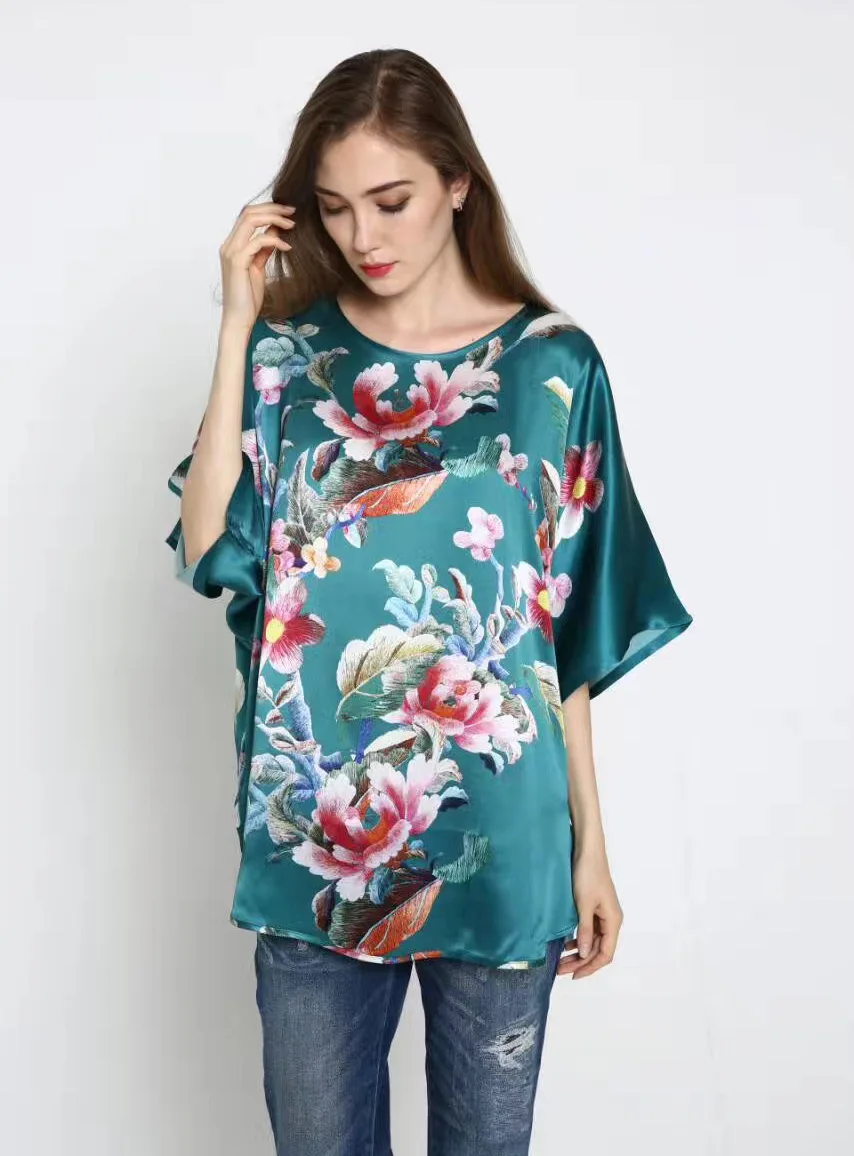 100% Silk Natural Mulberry Silk Satin Fabric Shiny Tees Famous Brand Flower Painting New Desigual Feminine Blouse versace shirt