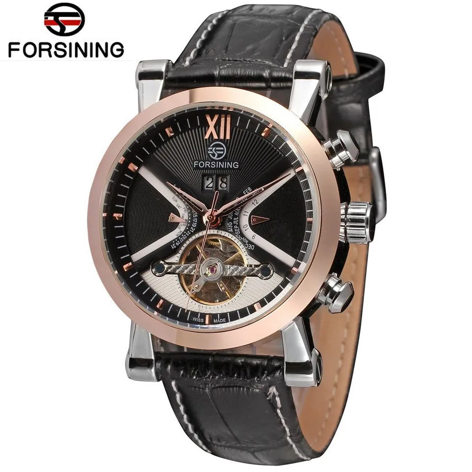 

FORSINING Brand Men Leather Strap Tourbillon Automatic Mechanical Watch Fashion Male Flywheel Date Wristwatch Relogio Releges