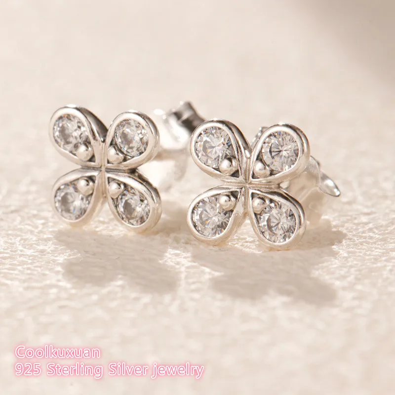 

2019 Spring 100% 925 Sterling Silver Four-Petal Flower Stud Earrings white CZ Original European Style Brand woman Jewelry