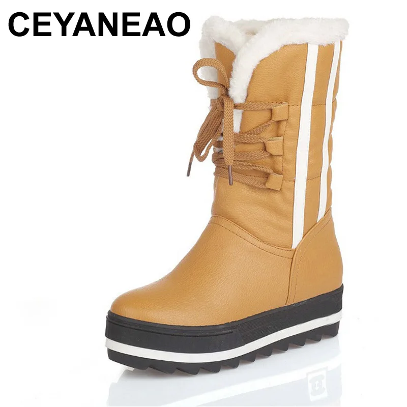 

CEYANEAO Flat Platform Women Snow Boots Waterproof Winter Warm Shoes Casual Plush Leather Mid-Calf Boots Female Plus Size Shoes