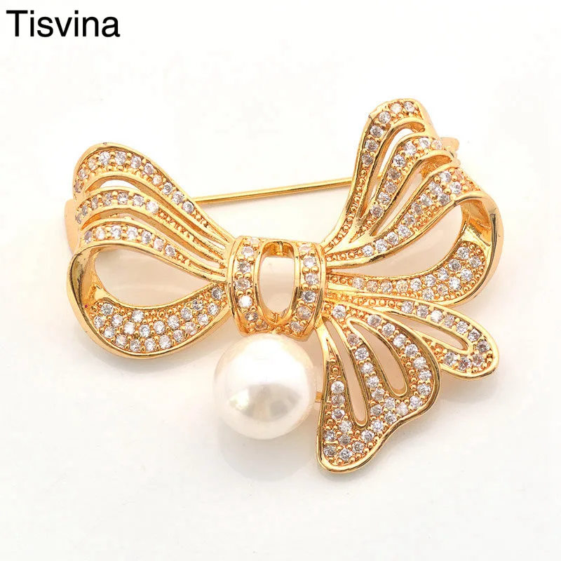 

Tisvina Women Pearl Rosette Brooches Inlaid Zircon Bow-knot Corsage Party dress Brooch pins Costume jewelry Elegant and Noble