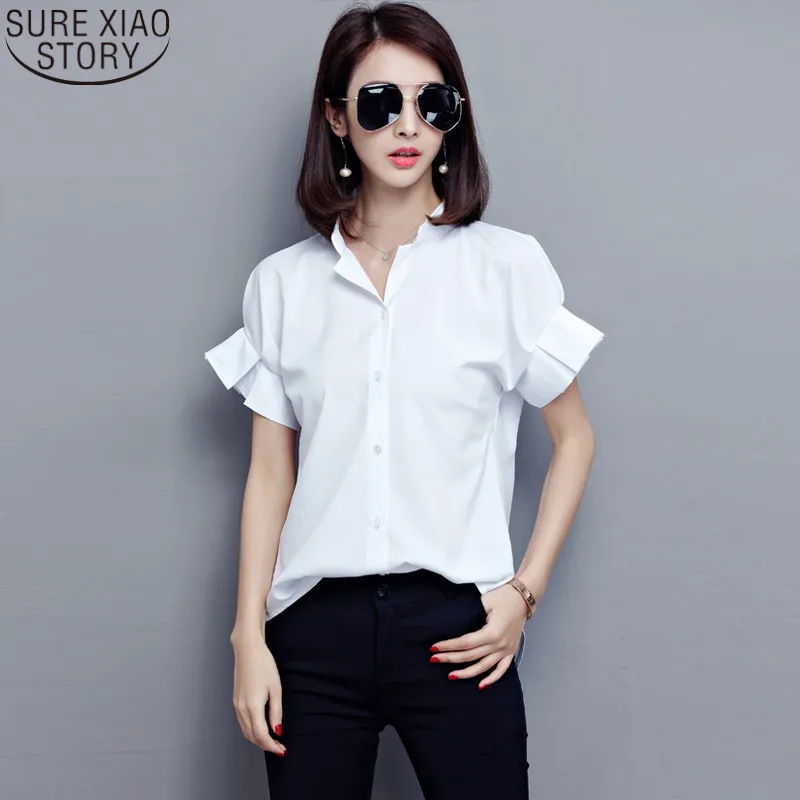

plus size women's shirt 2017 Summer Europe Style women pure color chiffon shirt V collar Fat MM short-sleeved blusas 580i 30
