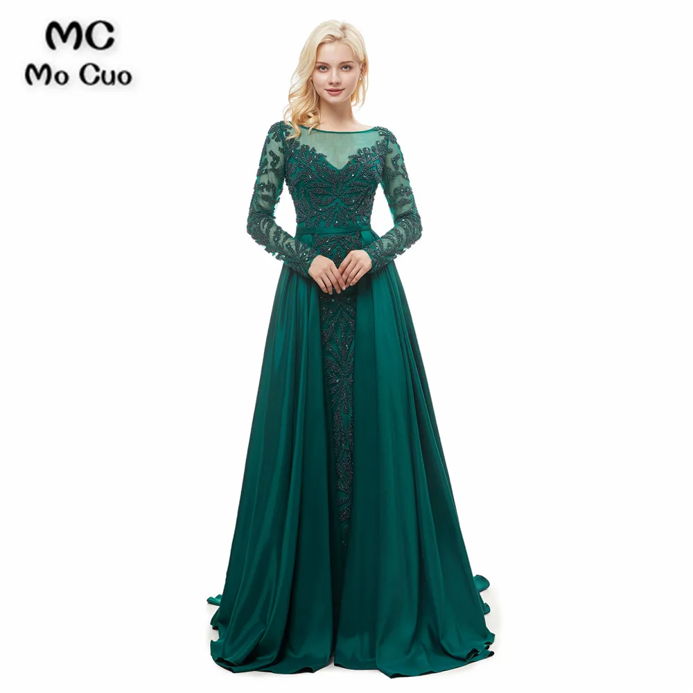 

New Arrival Illusion Prom Dresses with Beaded Appliques Sweep Train Long Sleeve Chiffon Evening Gown Prom Dress Custom Made