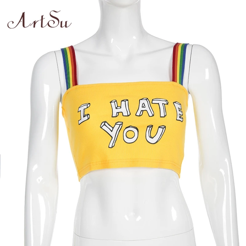 ArtSu/укороченный топ с рисунком в стиле Харадзюку с открытой спиной, без рукавов, на тонких бретелях, женские милые топы, жилет, летняя уличная одежда ASVE20673 - Цвет: Yellow