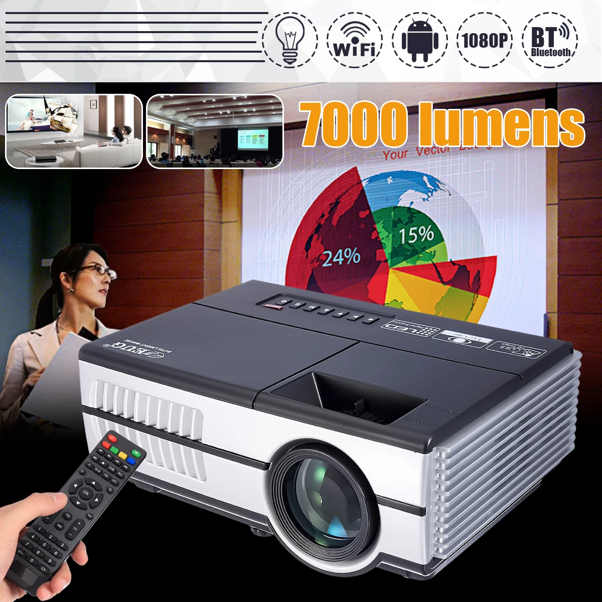 

Max 7000Lumens 1080P Full HD LED Projector 3D Home Theater Cinema LCD Wireless HDMI AV/VGA/USB/SD/HDMI/TV Multimedia Beamer