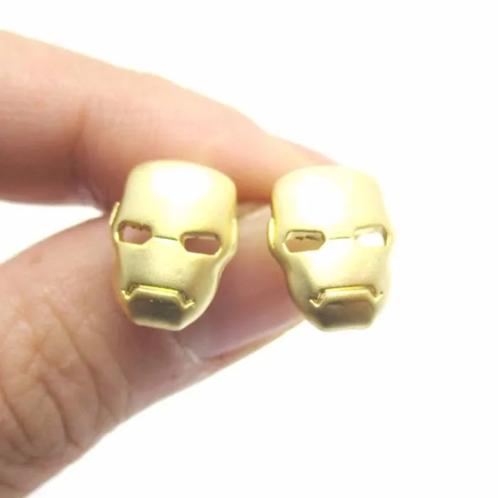 IRON MAN MASK SHAPED STUD EARRINGS IN GOLD SUPER HEROES THEMED JEWELRY