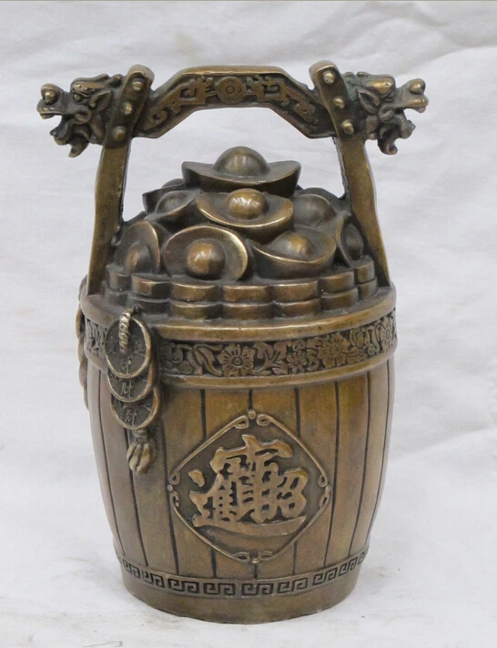 

9"Luckly Qing dy fengshui Bronze yuan bao Evil Dragon A bucket of ingots CASH