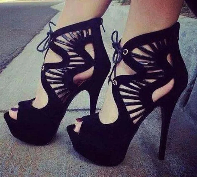 

Sexy Hollow Platform Sandals Ankle Zip Lace Up Peep Toe Sandals Pumps High Heel Waterproof Multi-color T-show Dress Shoes