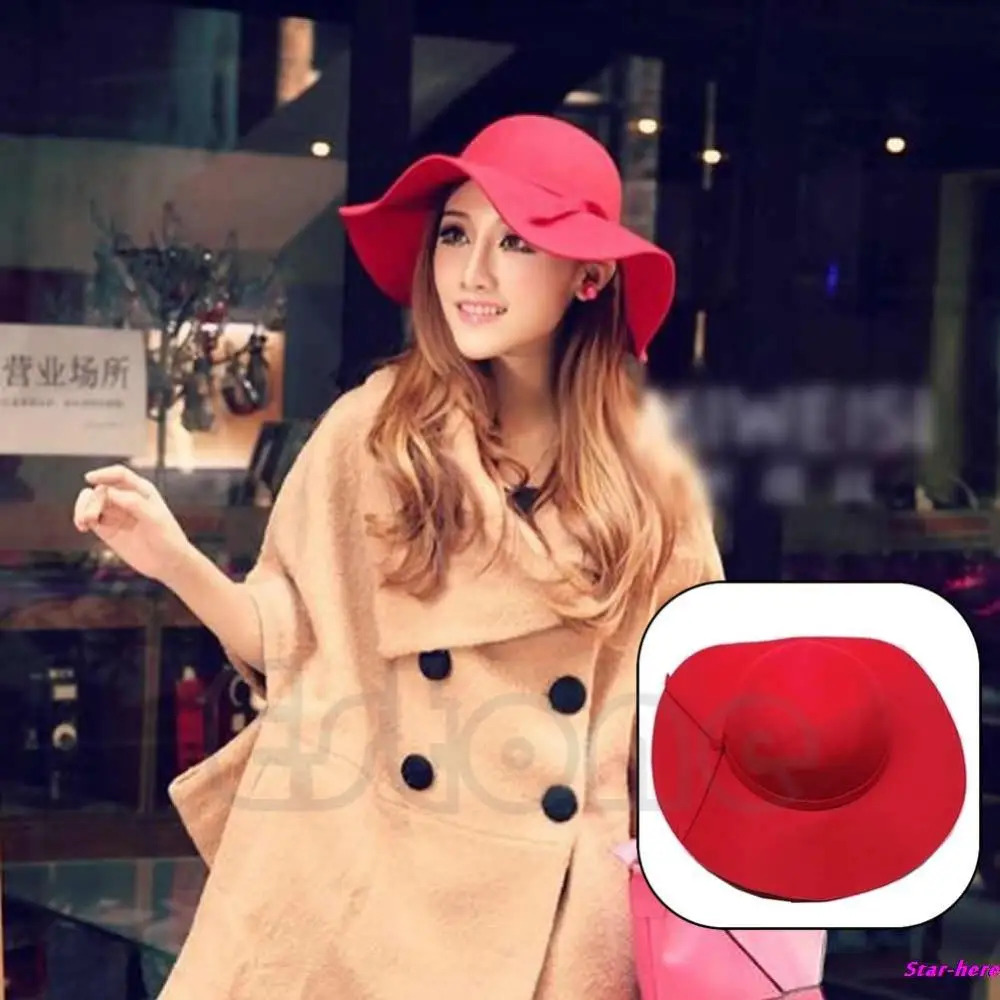 Винтажная женская шляпа с широкими полями из шерсти, фетровая шляпа-котелок, флоппи-шляпа, Прямая поставка - Цвет: Red