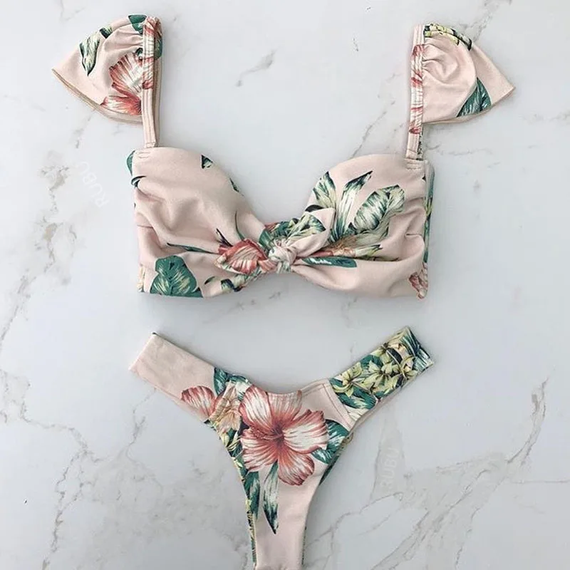 

2019 Sexy Print Bikini Set Summer Swimwear Biquini Women Beach Swimsuit Bathing Suit Push up Ruffles Strap Wrap String Bikini