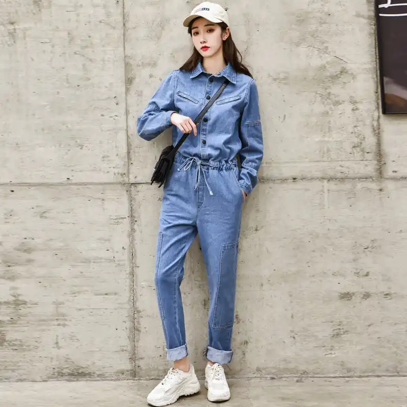 long sleeve denim jumpsuit womens