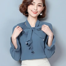 Hunter-wish 2017 Autumn New Bow Tie Long-sleeved Chiffon Shirt Fashion Elegant Female Stitching Chiffon Blouse Casual Women Tops