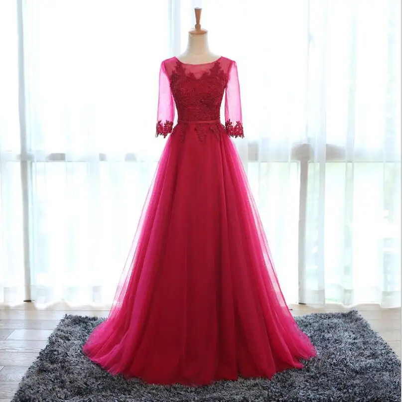 Robe De Soiree бордовое Красное Кружевное сексуальное длинное вечернее платье с открытой спиной Элегантные вечерние платья длиной до пола с рукавом три четверти - Цвет: wine red