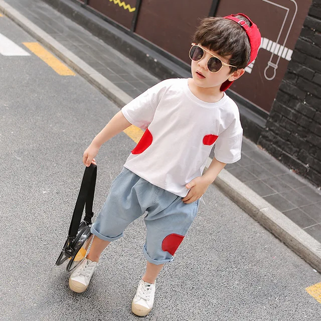 

2019 SUMMER boys Two Piece Sets cotton fashion suit short sleeve LOVE T Shirt Jeans Two Piece Sets for young boy