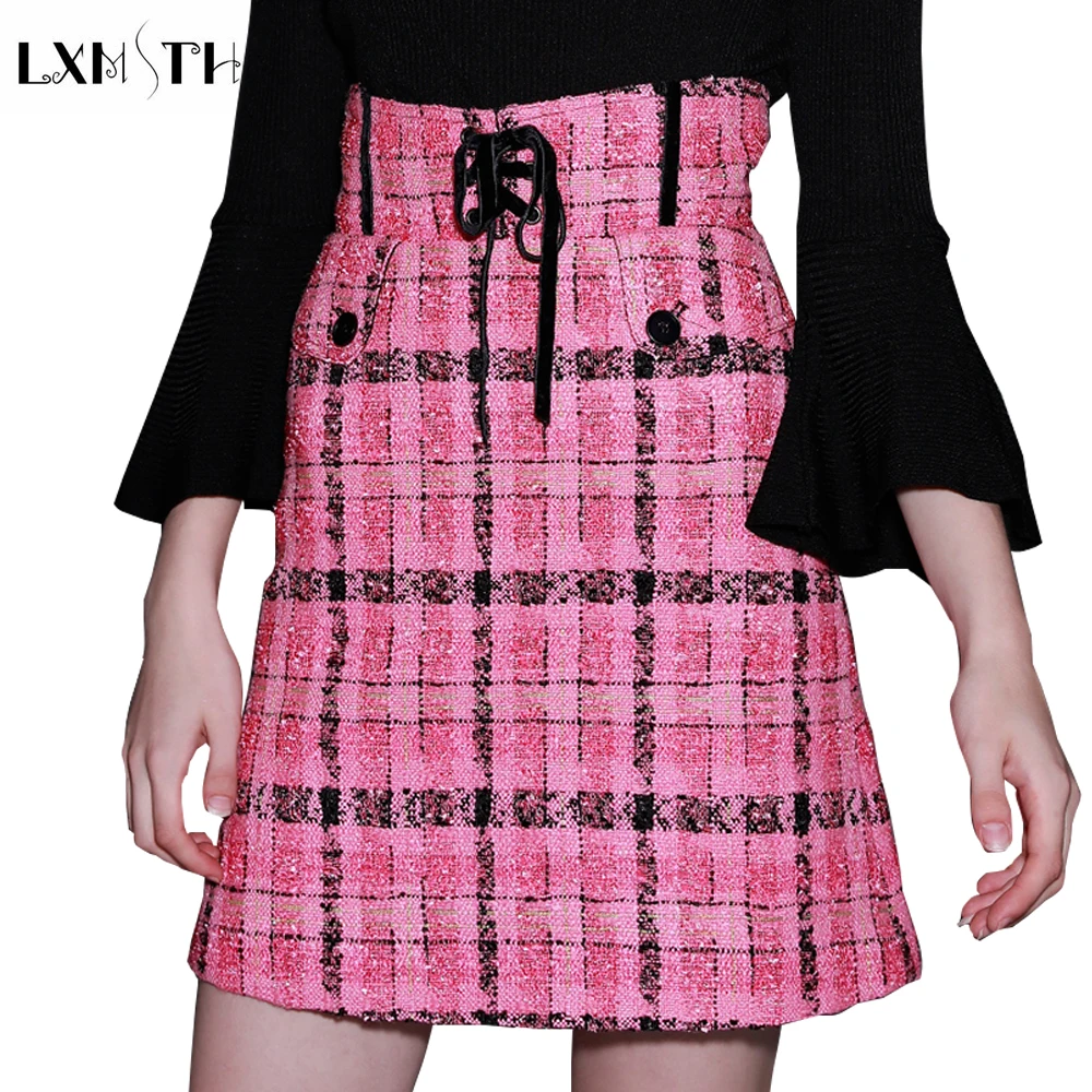 

LXMSTH 2019 Autumn White Tweed Skirt Women Fasnion England Style Lace Up Skirt High Waist Sexy Mini A Line Short Plaid Skirts