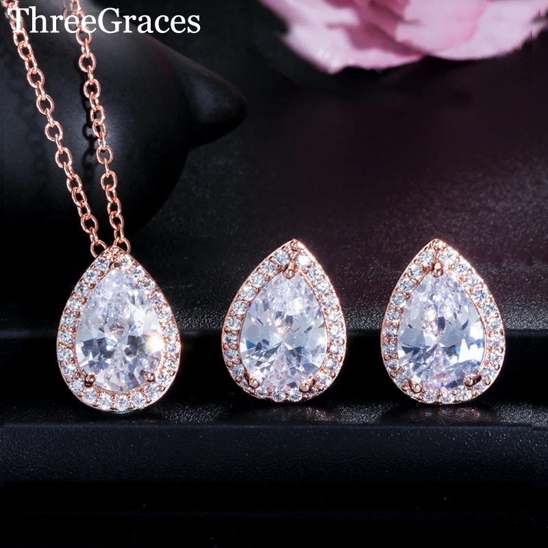 

ThreeGraces Sweet Pear Cut Teardrop Cubic Zirconia Rose Gold Fashion Ladies Necklace Stud Earrings Jewelry Set for Female JS210