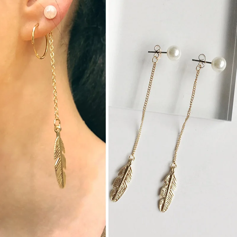 

Long Drop Earrings for Women Fashion Ear Jewelry Gold Color Feather Simulated Pearl Dangle Earrings Girl pendientes oorbellen
