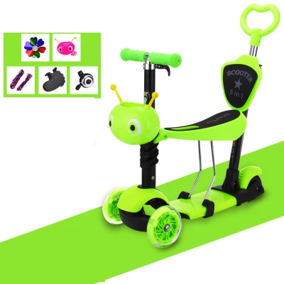 5 в 1 Детский самокат флэш ПУ колеса с безопасной ручкой бар и подставка для ног - Цвет: Зеленый