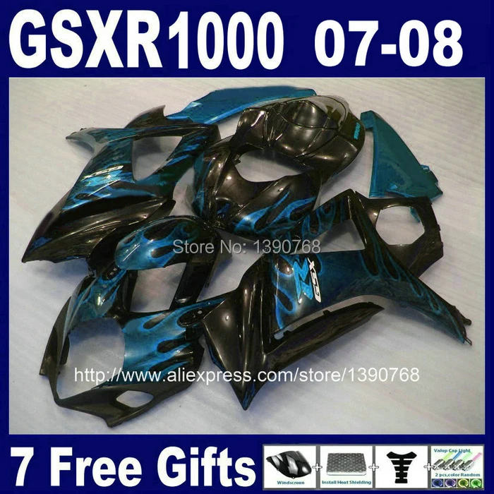 

Top Quality plastic fairing kit for SUZUKI GSXR1000 2007 2008 K7 GSXR 1000 07 08 blue flames in black ABS fairings set  FF44