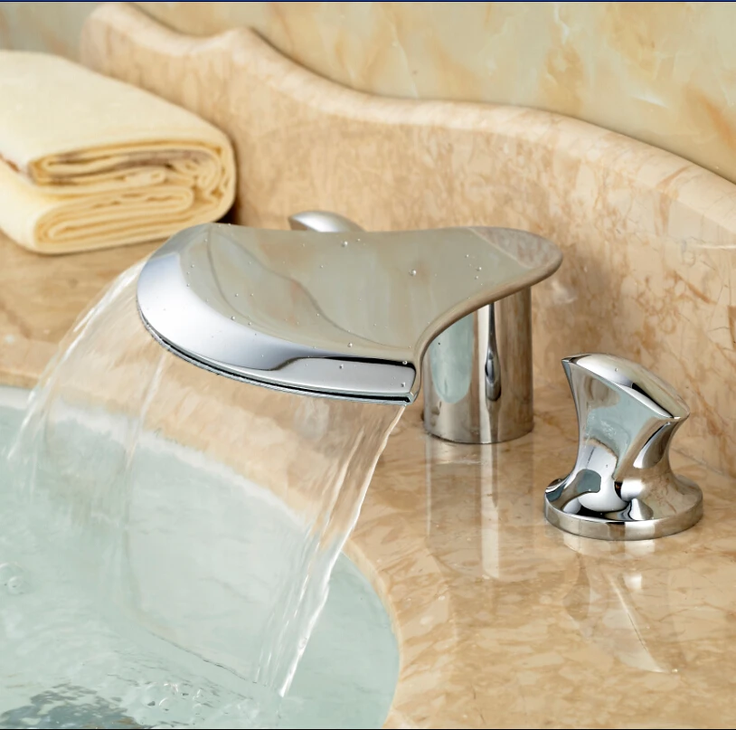 Creative Wide Waterfall Spout Bathroom Basin Faucet Two Handles Widespread Lavatory Sink Mixer Taps Chrome Finish