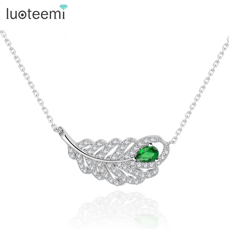 LUOTEEMI Pated AAA Zircon Feather font b Necklace b font Pure Handmade Prong Setting Women Fashion