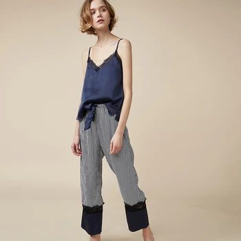 

2019 Autumn Silk Sexy Lace Strap Pajamas stripe Trousers Two Sets Of Female Ice Silk Home Service Spring And Autumn Thin Section