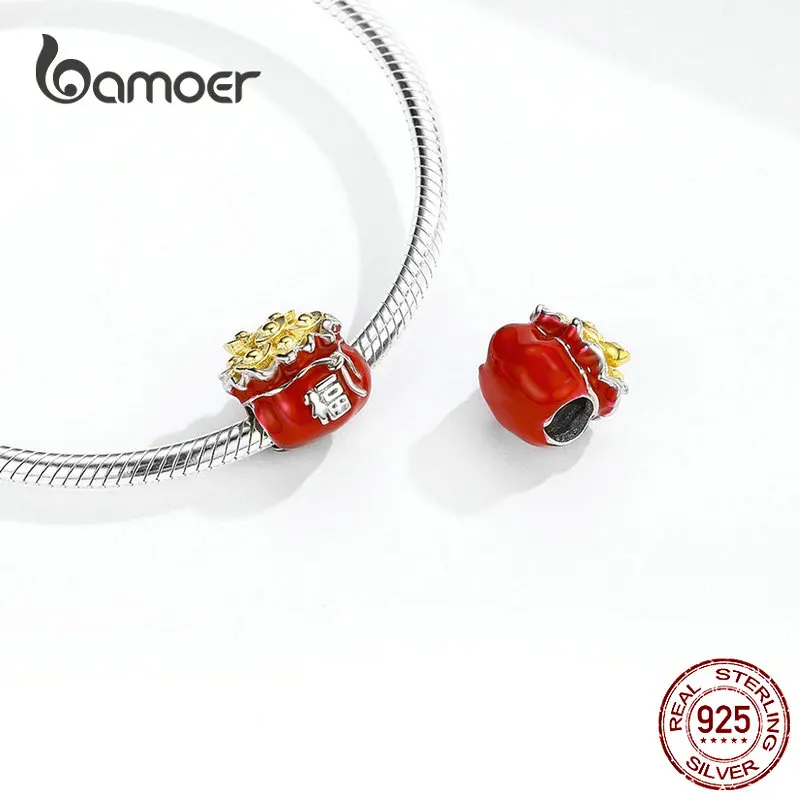 Bamoer счастливый символ красный мешок металлические бусины для женщин ювелирных изделий 925 пробы серебро эмаль Шарм Подходит браслет BSC100